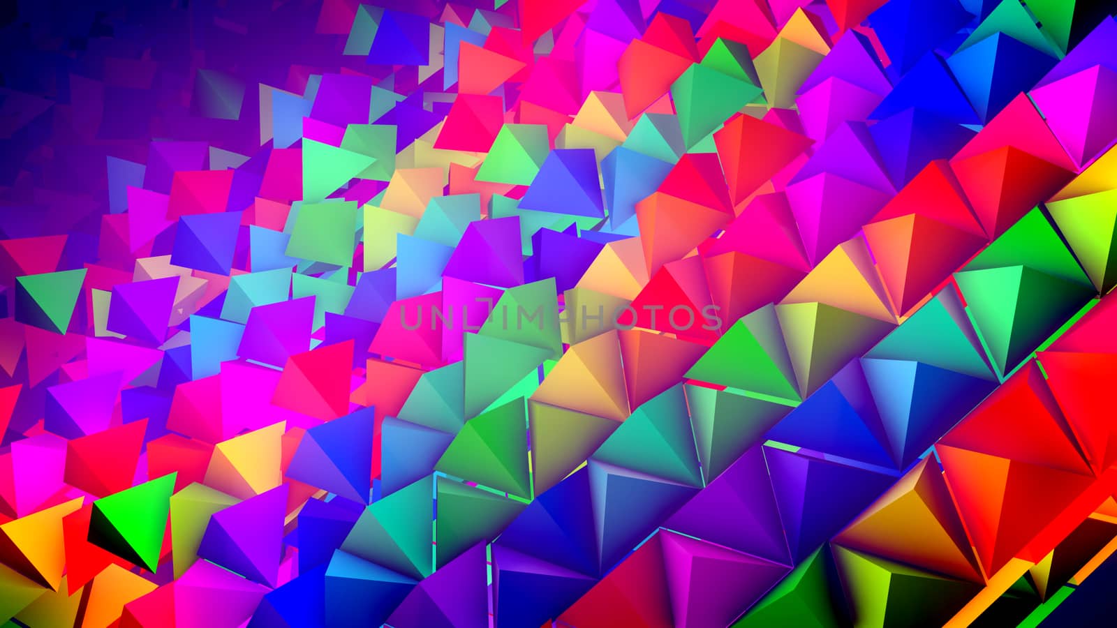 Optimistic 3d rendering of rainbow pyramids located on a slanted surface in straight and long rows with their sharp tops aimed up. It looks optimistic, innovative, and funny.