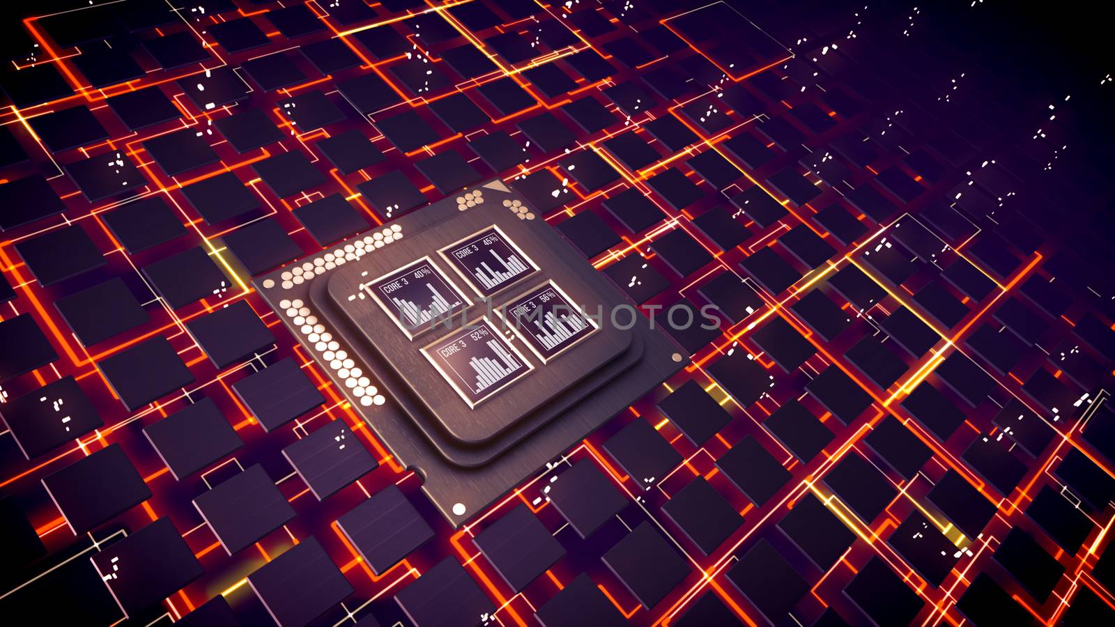 Exciting 3d illustration of CPU squares with bar charts beaming inside. Plexus of rectangular and multilayered communication links sparkling brightly in the black backdrop.