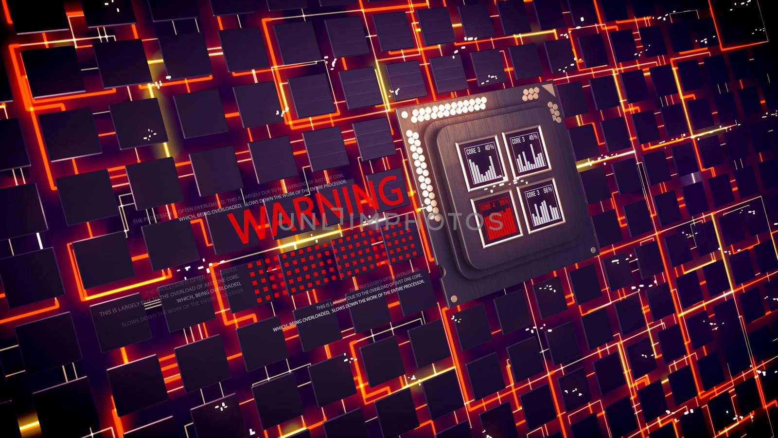 Futuristic 3d illustration of CPU squares with four bar charts inside. Many cubic devices are linked with orange linking lines as well as warning sign in the black backdrop.