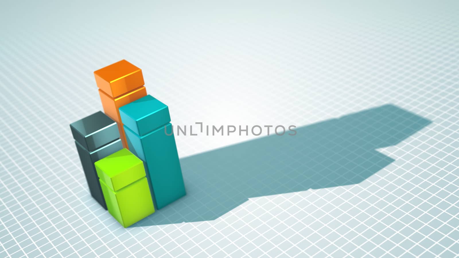 Striking 3d illustration of four cubic squares of golden, blue, green and black colors installed on a white surface with a meshwork. They have shadows and look optimistic as a daigram.
