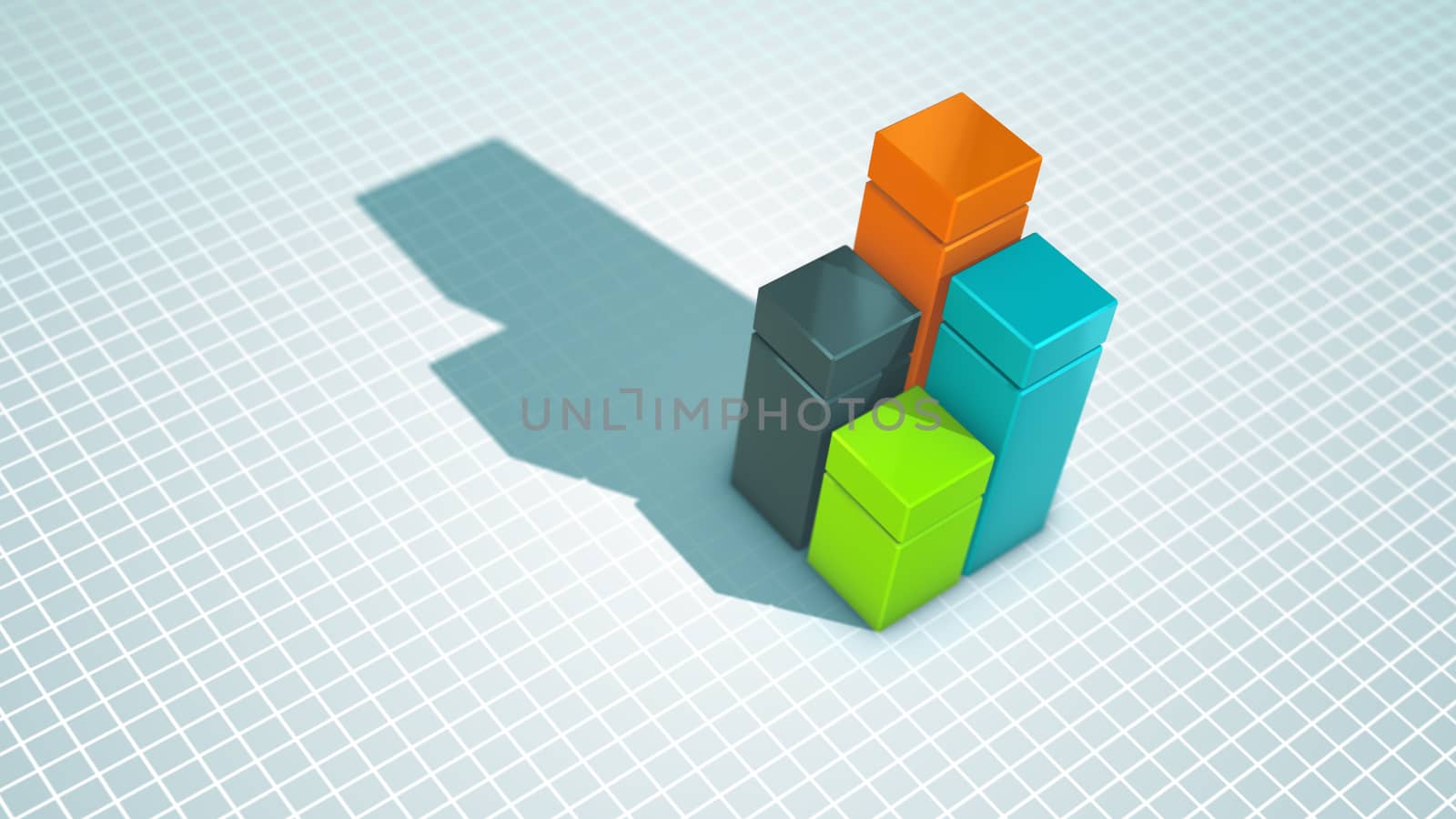 Splendid 3d illustration of four cubic squares of golden, blue, green and black colors placed on a celeste surface covered with a meshwork and having a big shadow. They form a diagram