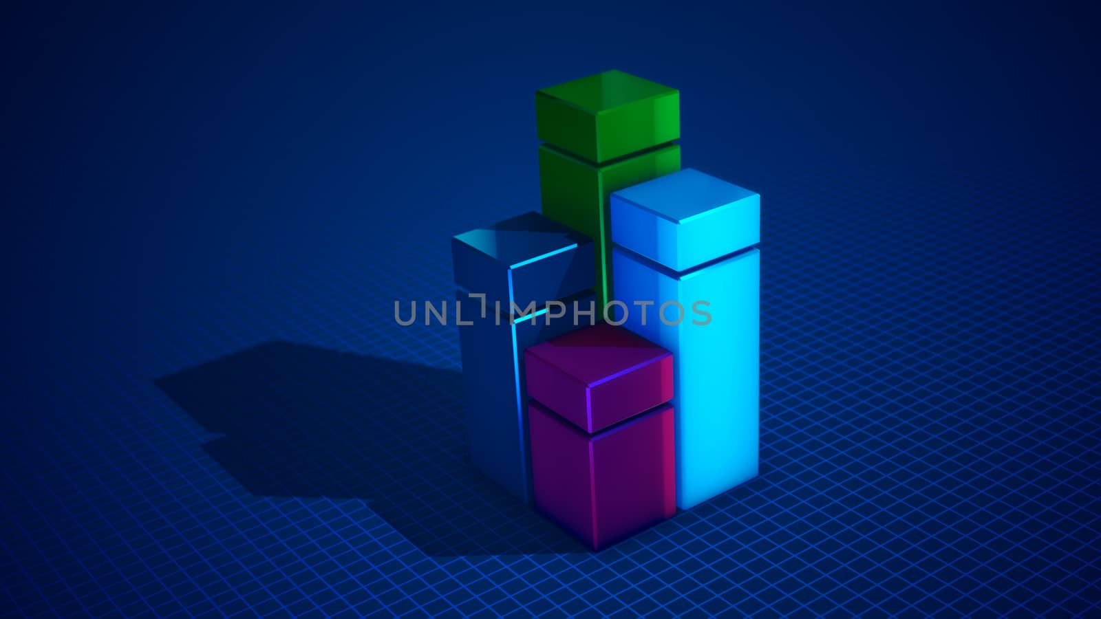 Stunning 3d illustration of four cubic squares of blue, green, celeste and pink colors forming a chart put on a light blue surface with a network. It looks optimistic, perfect and arty.