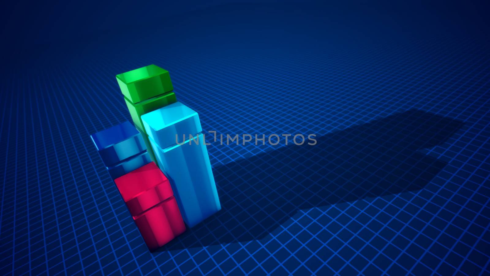 Multilayered 3d illustration of four cubic columns of blue, green, celeste and rosy colors forming a chart in the blue background with network put askew. It looks businesslike and optimistic.
