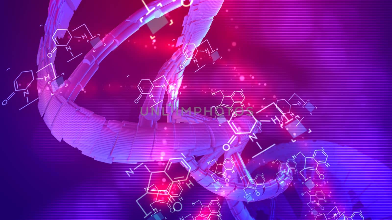 Splendid 3d illustration of a coil looking DNA rotating around its axis in the blue and rosy background placed aslant. Chemical formulas are spinning around cheerfully too.