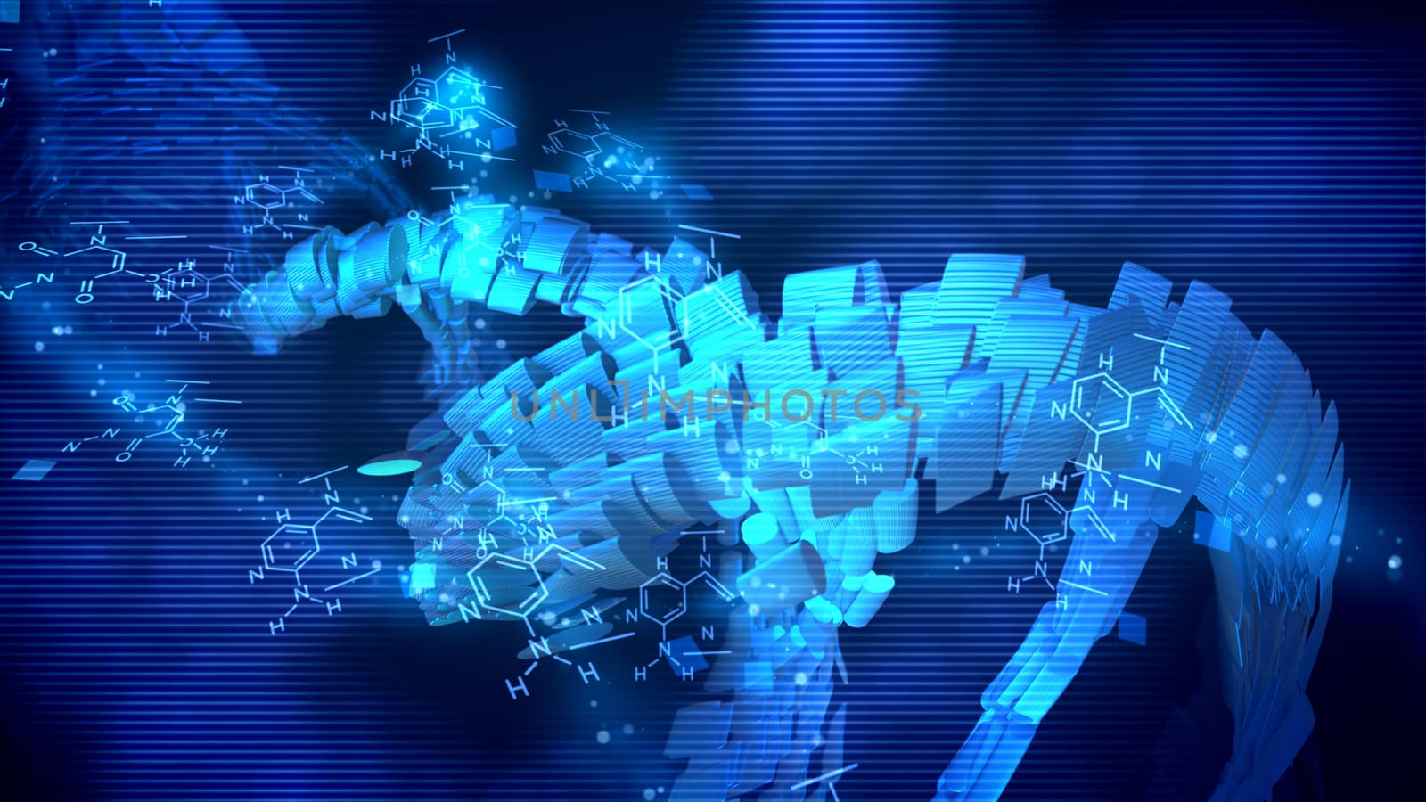 Artistic 3d illustration of a plexus coil DNA twisting around its axis in the bright blue backdrop put diagonally. Chemical formulas and squares spinning around optimistically