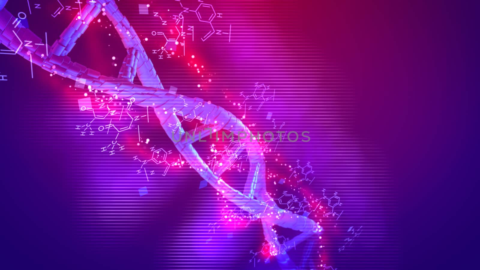 Cyberspace 3d illustration of a spiral looking DNA twisting around its shaft in the pink and purple background placed askew. Scientific formulas are rotating optimistically.