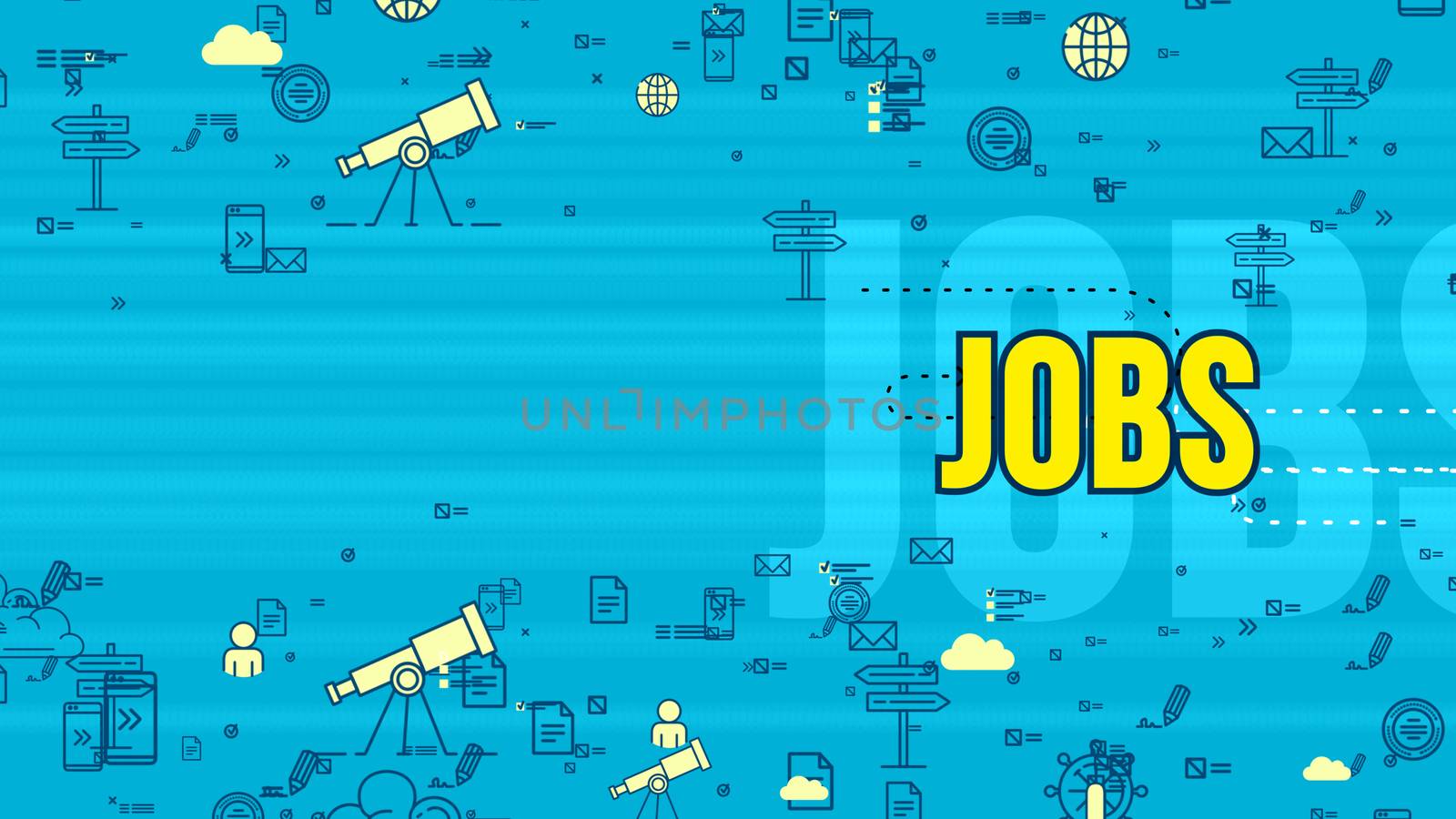 Jolly 3d illustration of a yellow job word placed aside with different symbols including spyglass, globus, wheel, cloud, in the celeste backdrop. Dashy lane follows it. It looks funny.