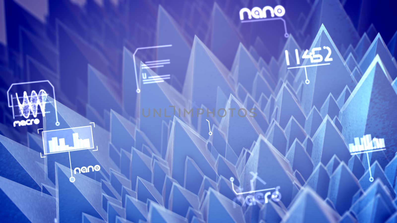Artistic 3d illustration of nano pyramids with see-through slopes, spinning spirals and rushing digits in the light violet background. It looks innovative and futuristic