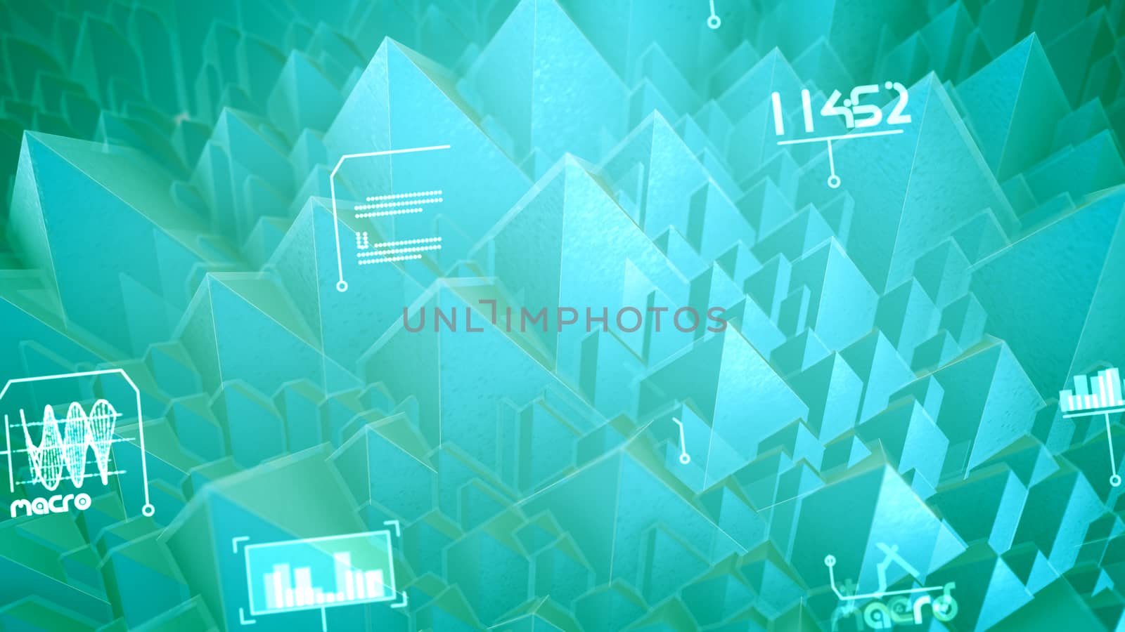 Volumetric 3d illustration of nano pyramids with see-through slopes, spinning spirals, changing words, shimmering digits in the celeste background. It looks futuristic and sci-fi. 