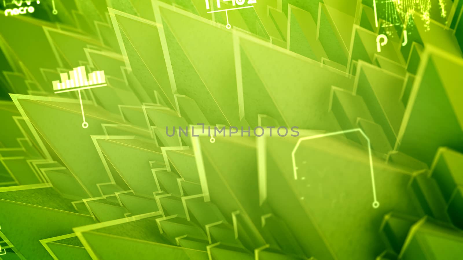 Cyber 3d illustration of nano pyramids with sharp and steep slopes, rotating spirals, changing words, shimmering numbers in the salad background. It looks hi-tech and fine. 
