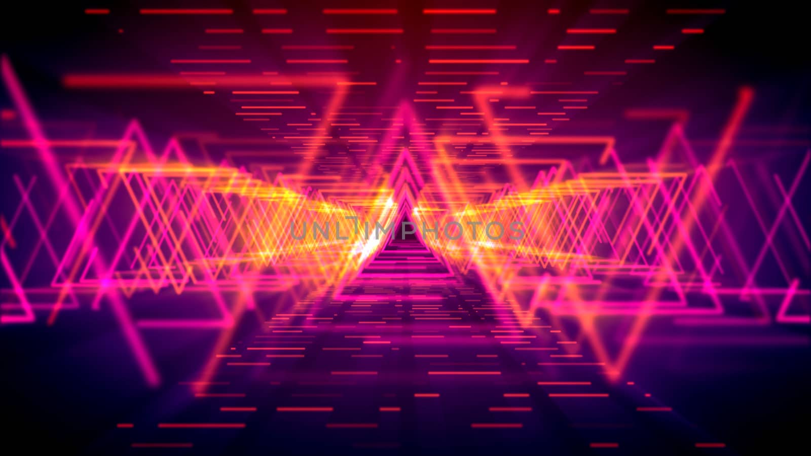 Hi-tech 3d illustration of sparkling yellow triangles forming long and straight passages for flying objects in the pink cyber reality. It resembles futuristic time portals.