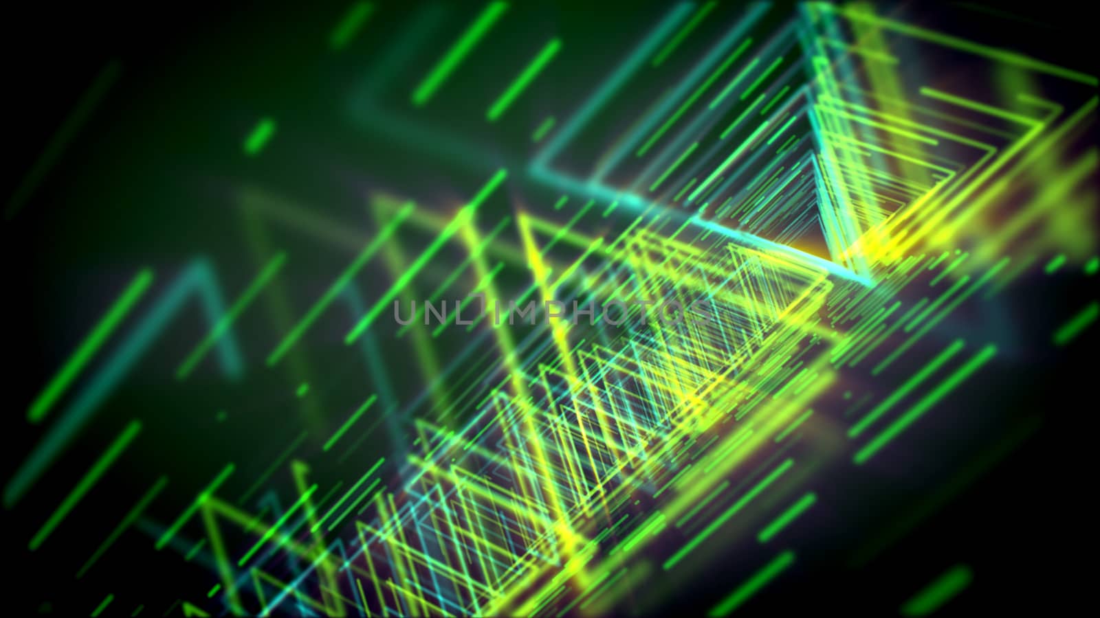 Arty 3d illustration of glittering yellow and salad triangles shaping lengthy and straight pipes for flying objects in the dark green cyber space. It looks like scientific time pipes.