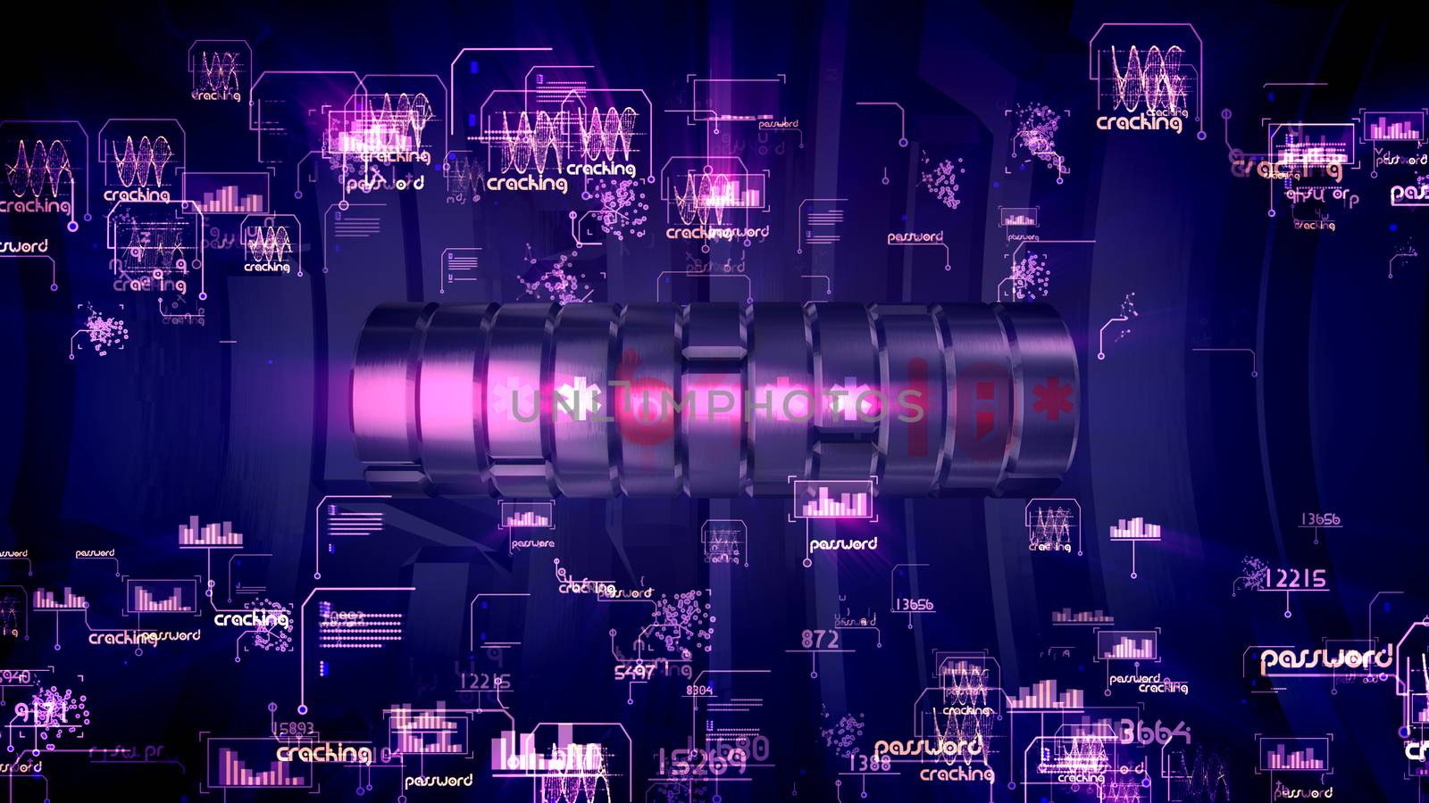 Solid 3d illustration of a spinning metallic password piston with shimmering digits, words and diagrams in the violet background. It looks reliable, optimistic and hi-tech.
