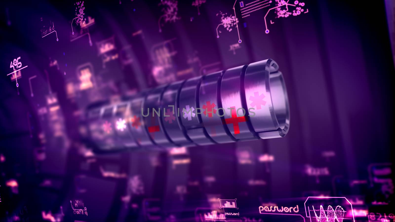 Striking 3d illustration of a whirling metallic password forcer with six-angled stars, digits, words and diagrams in the violet background. It looks optimistic, solid and wonderful