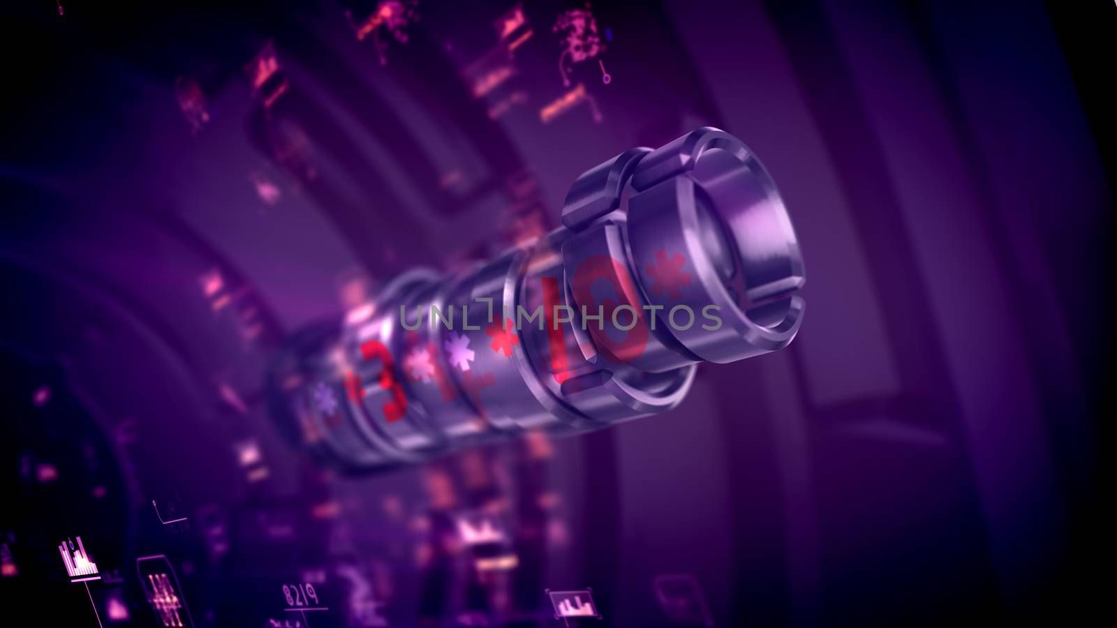 Artistic 3d illustration of a metallic password forcer from several cylinders with six-angled stars, and curvy ribs around in blurred violet backdrop. It looks futuristic and hi-tech.
