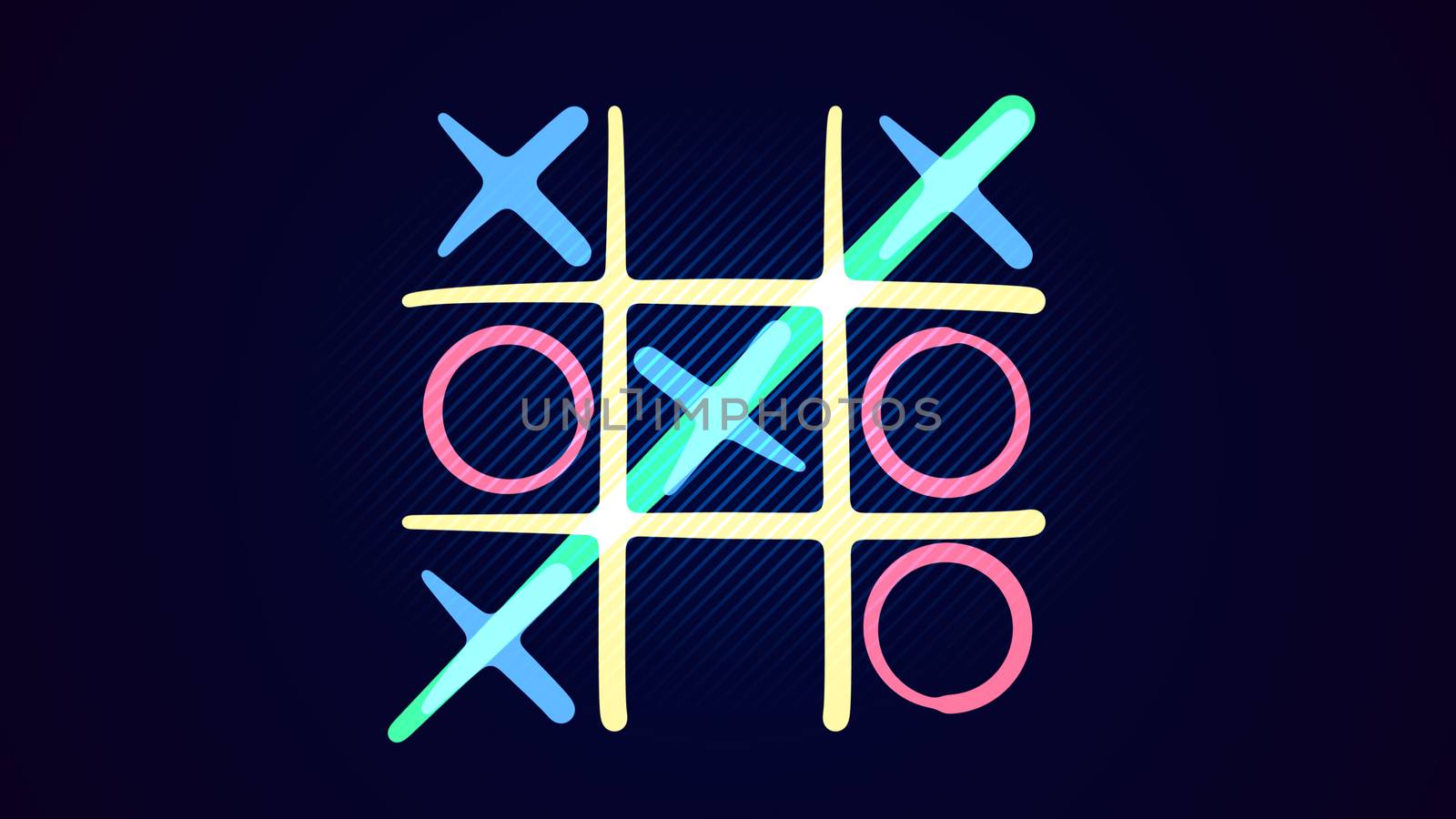 Cheerful 3d illustration of a noughts and crosses play with a white grid, pink and celeste figures, a winning diagonal end and a line in the blue background. It looks funny ond interesting.