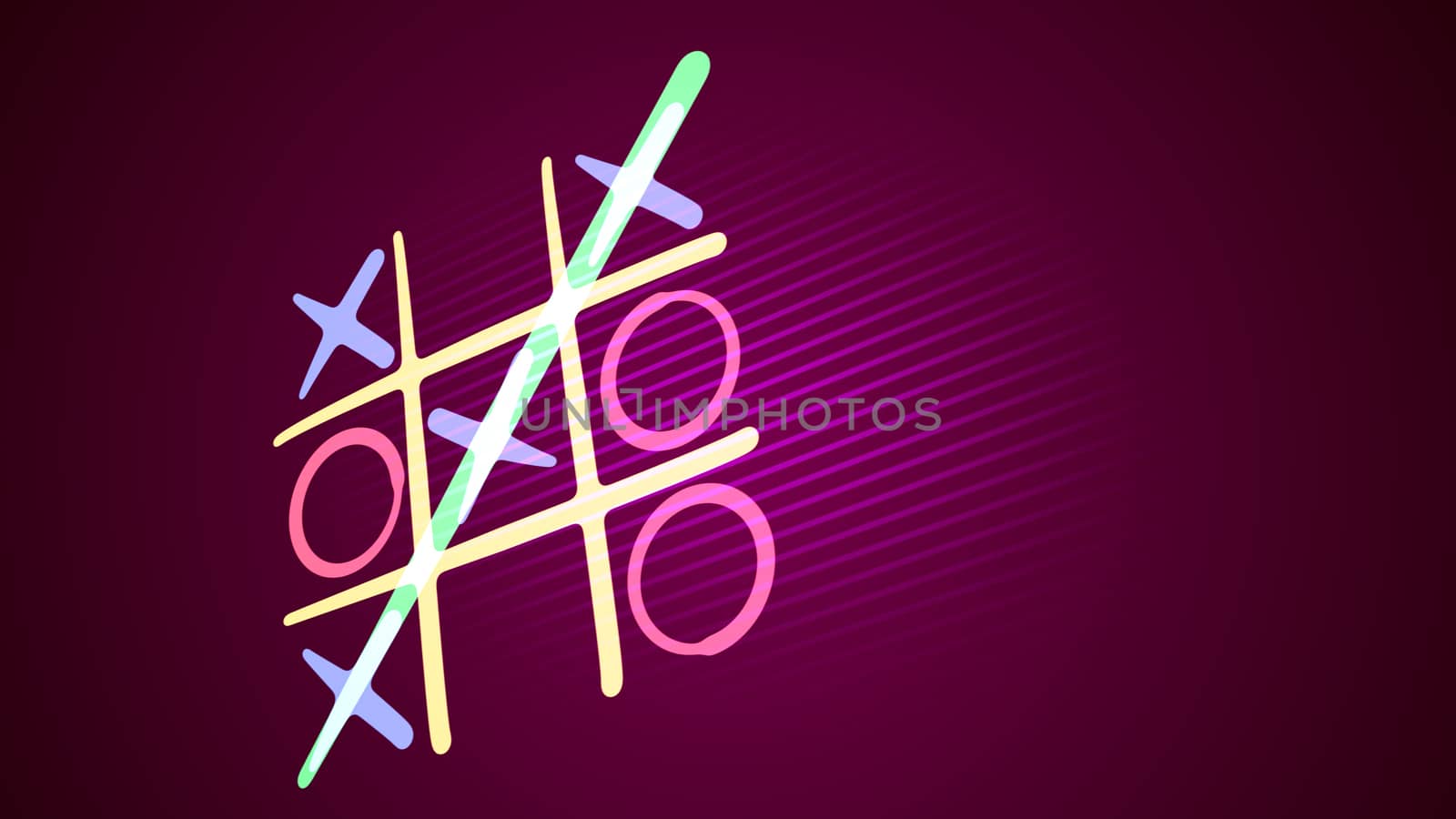 Astonishing 3d illustration of a tic tac toe game with a white grid, pink and celeste figures, a winning diagonal end and a long line in the purple background put askew. It looks funny.