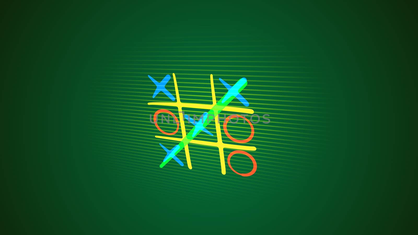 Impressive 3d illustration of a tic tac toe game with a white grid, pink and celeste marks, a winning diagonal end and a long line in the green background. It looks cheery