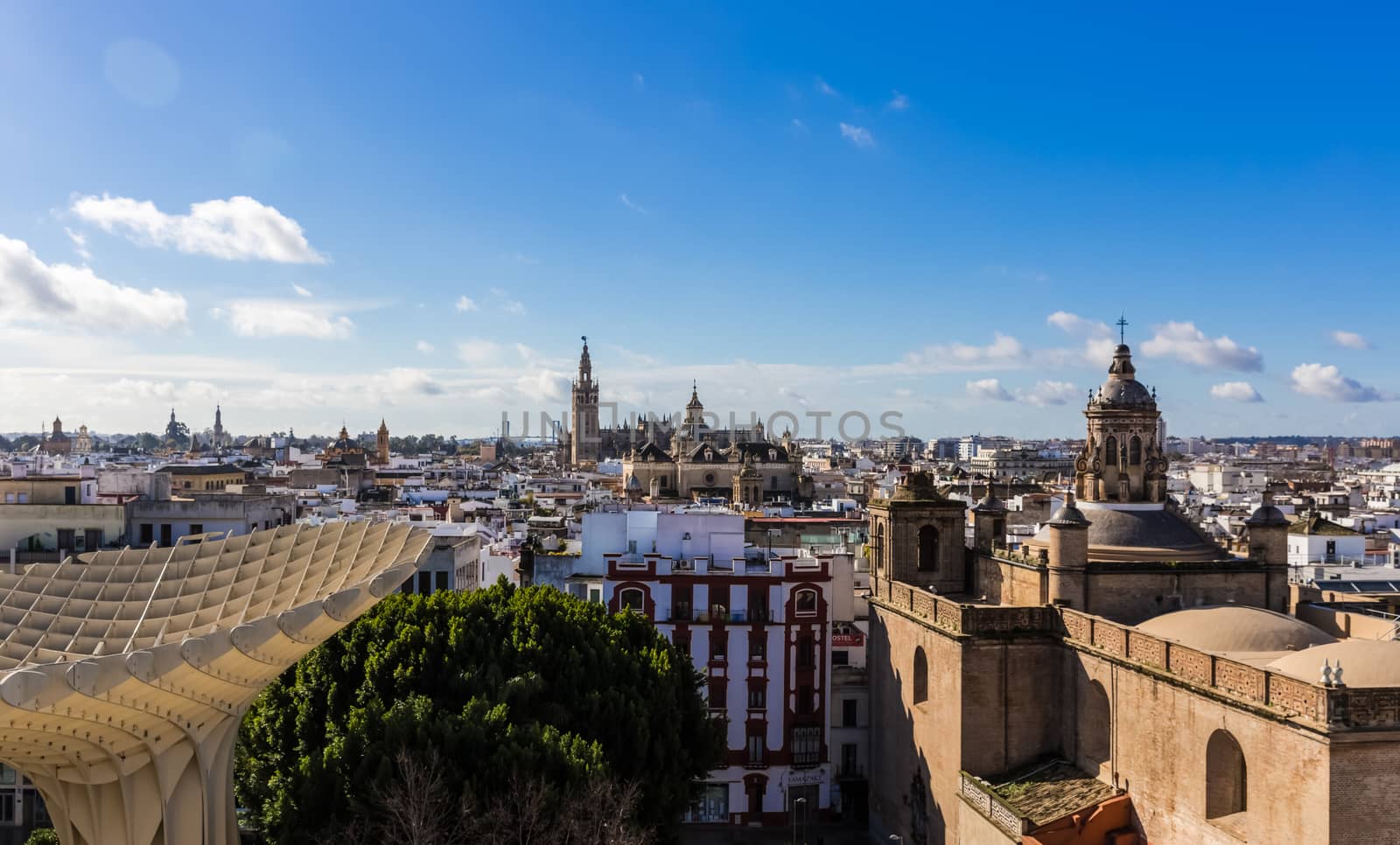 Seville, Spain - July 15, 2017: Seville is the capital of the autonomous community of Andalusia in southern Spain. Streets and sights of the city architecture.