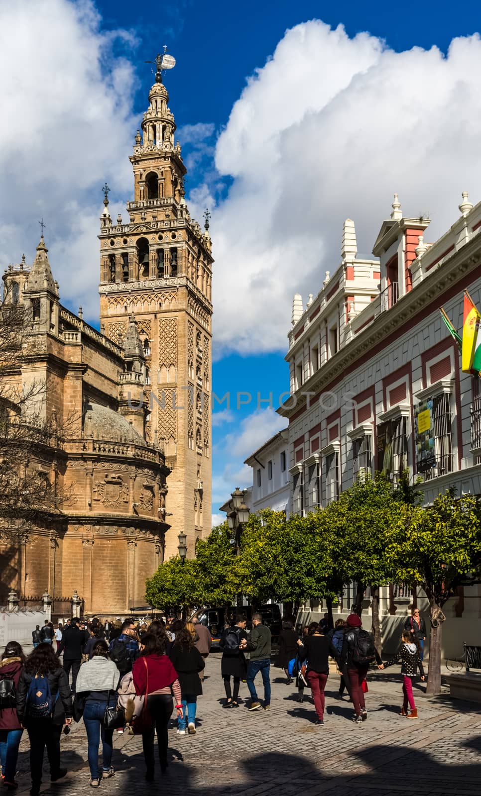Seville, Spain - July 15, 2017: Seville is the capital of the autonomous community of Andalusia in southern Spain. Streets and sights of the city architecture.