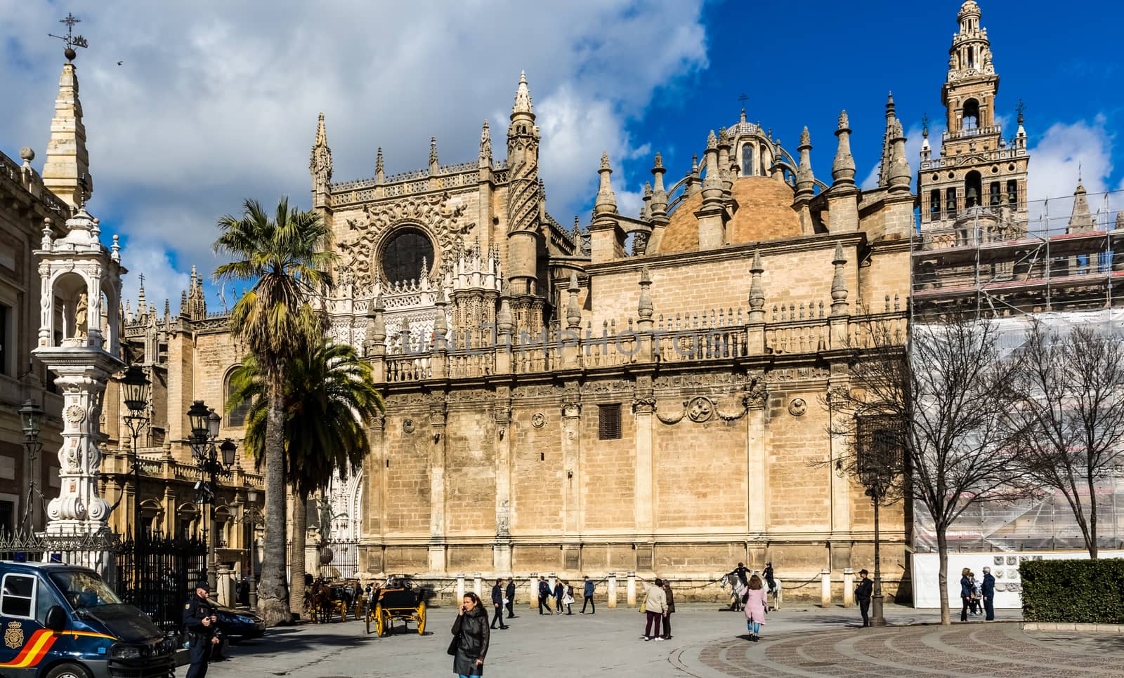 Seville, Spain - July 15, 2017: Seville is the capital of the autonomous community of Andalusia in southern Spain. Streets and sights of the city architecture.