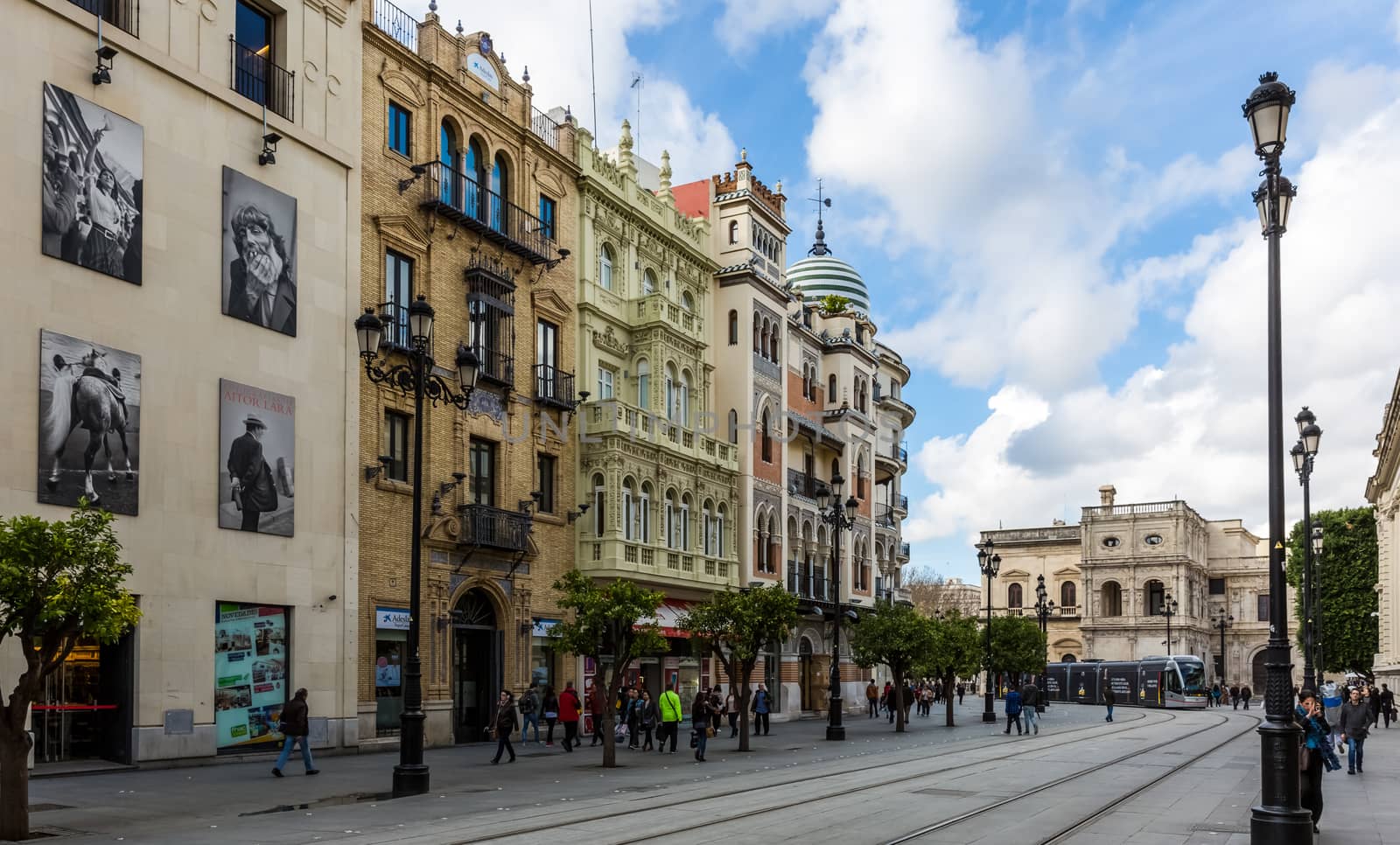 Seville, Spain - July 15, 2017: Seville is the capital of the autonomous community of Andalusia in southern Spain. Streets and sights of the city architecture.