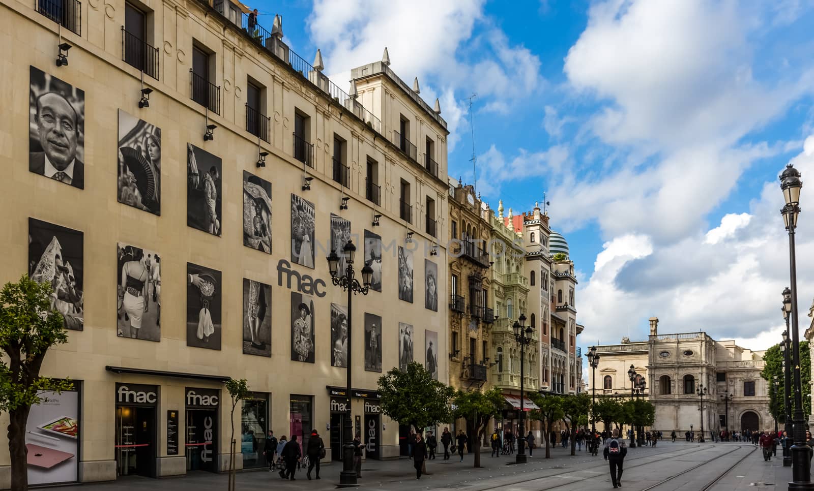 Seville, Spain - July 15, 2017: Seville is the capital of the autonomous community of Andalusia in southern Spain. Streets and sights of the city architecture.