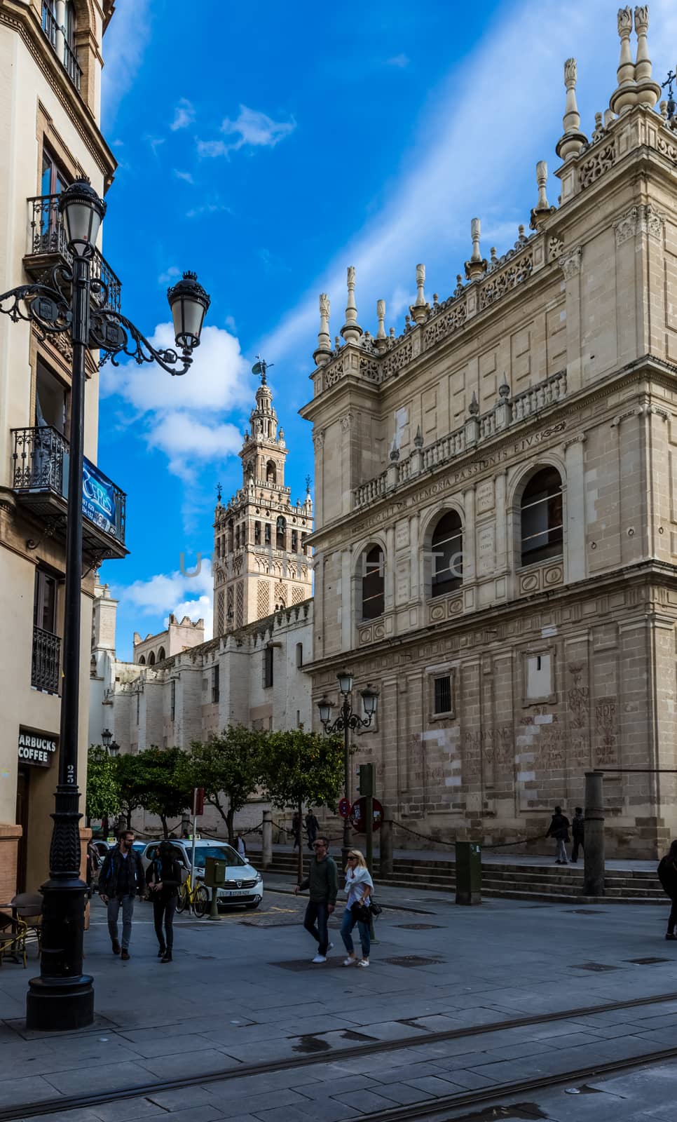 Seville, Spain - July 15, 2017: Seville is the capital of the autonomous community of Andalusia in southern Spain. Streets and sights of the city architecture.