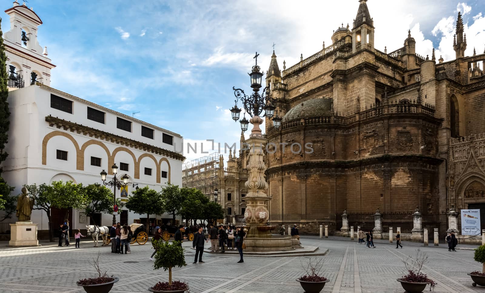 Seville, Spain - July 15, 2017: Seville is the capital of the autonomous community of Andalusia in southern Spain. Streets and sights of the city architecture.