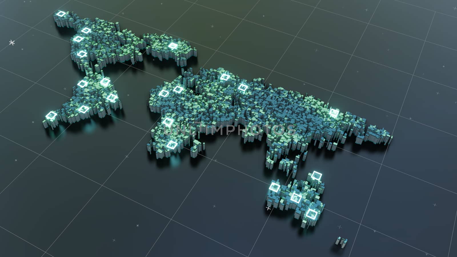 World map of cubes. 3D illustration. Cubes and glow elements on dark background
