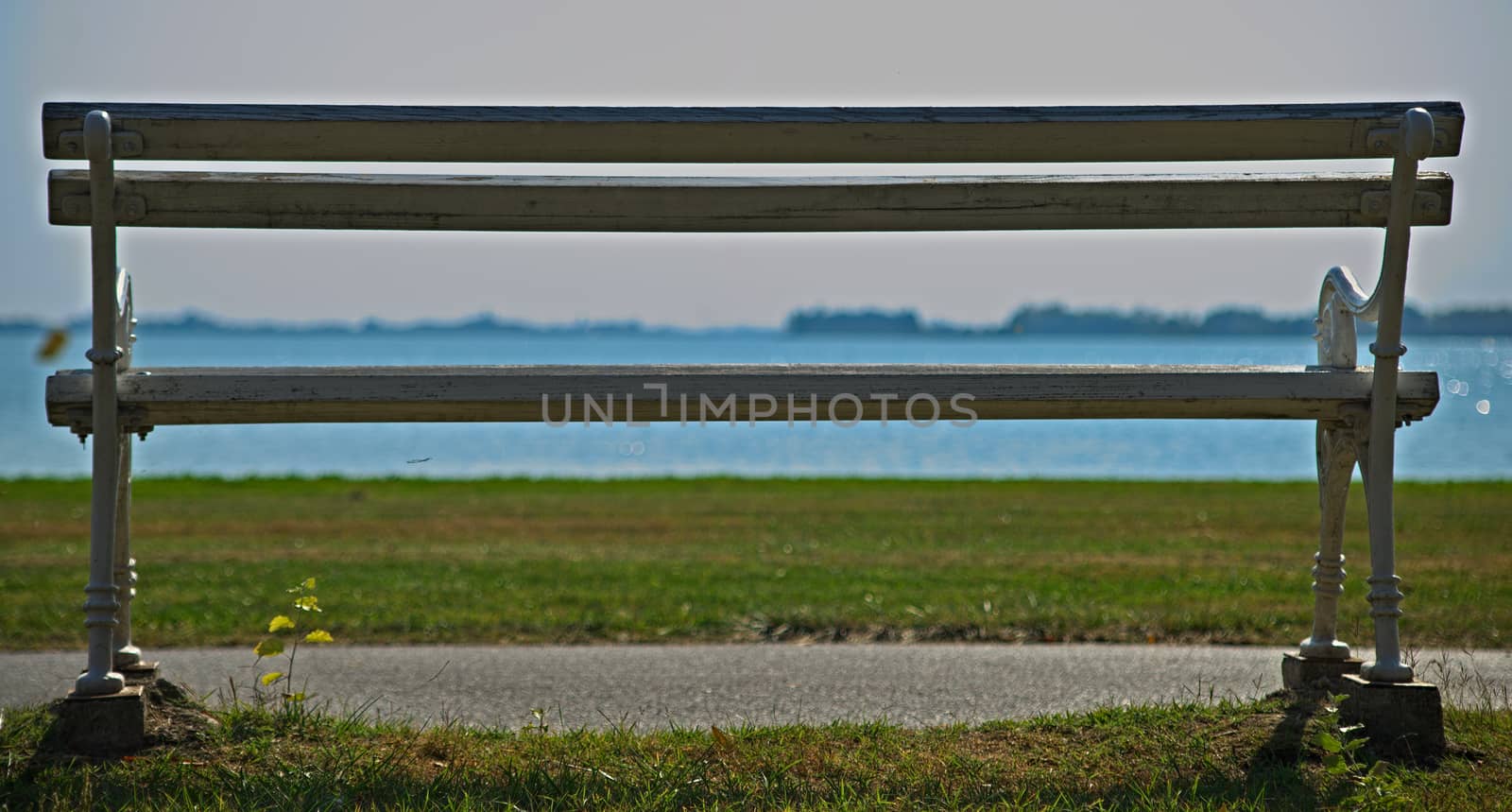 Empty white bench looking at grass field and lake in distance