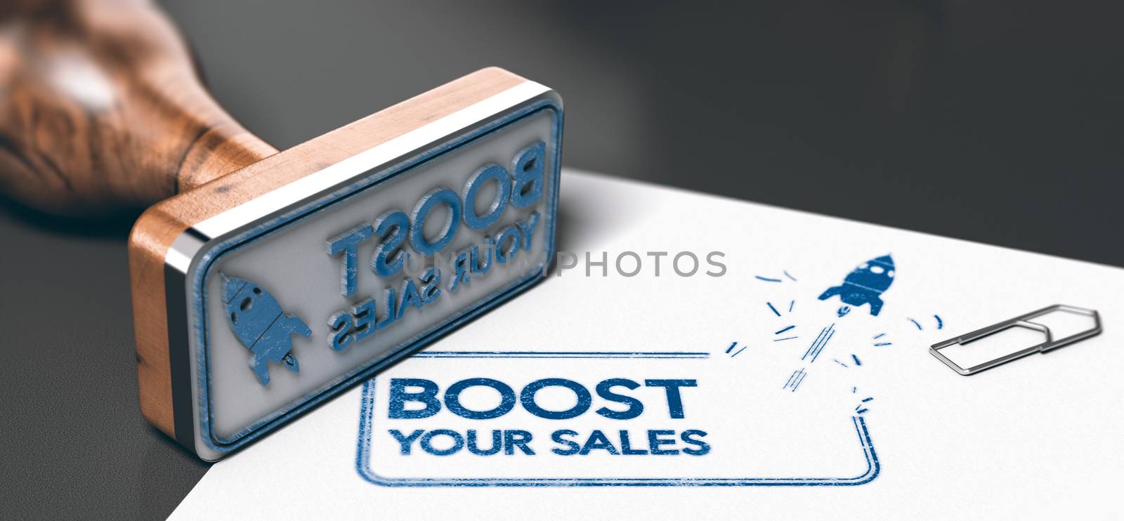 Conceptual 3D illustration of a rubber stamp with the phrase boost your sales and a rocket printed on a sheet of paper. Marketing or business concept of commercial strategy.