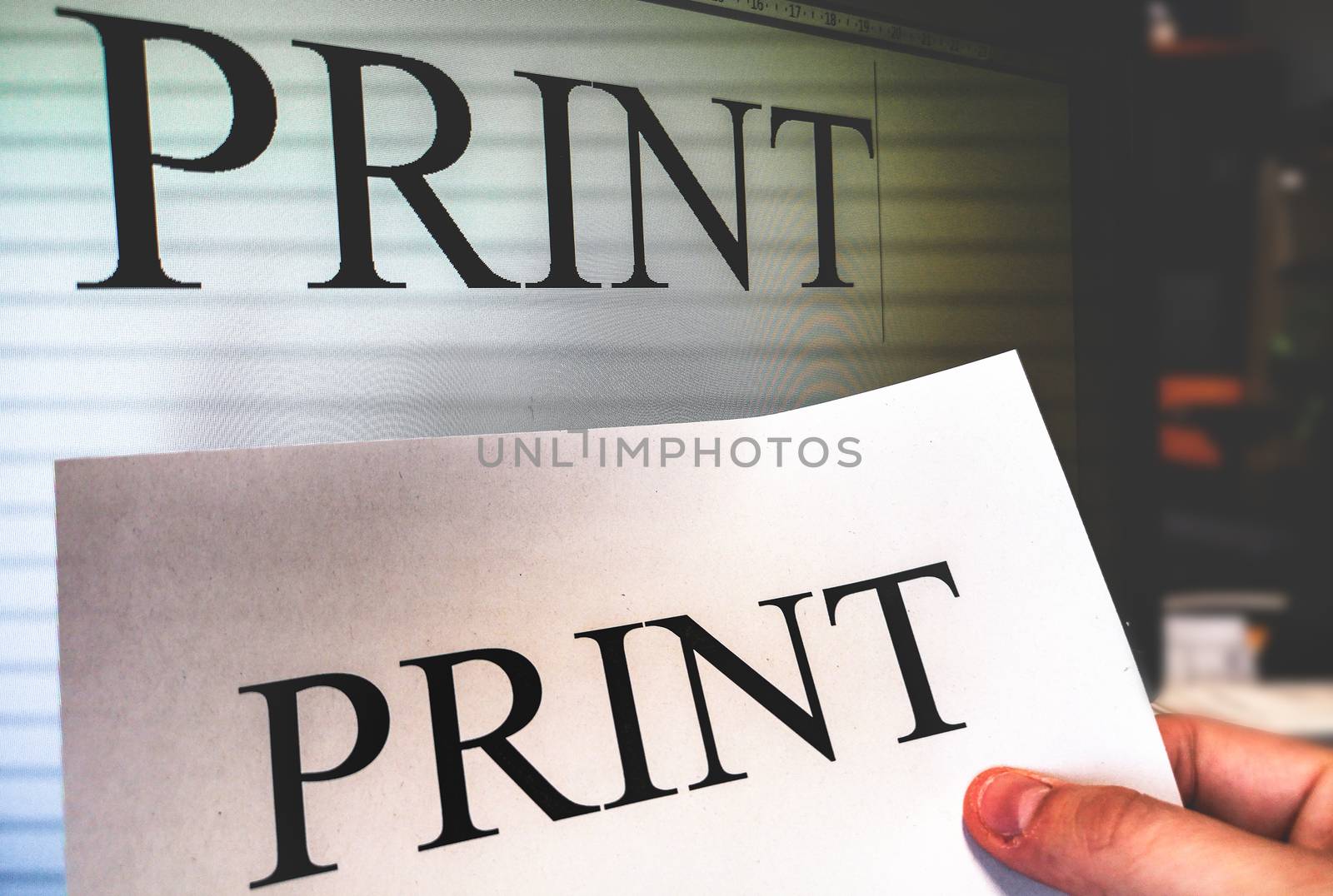 printer hand hold a print sheet with word processor software screen on background in office by LucaLorenzelli