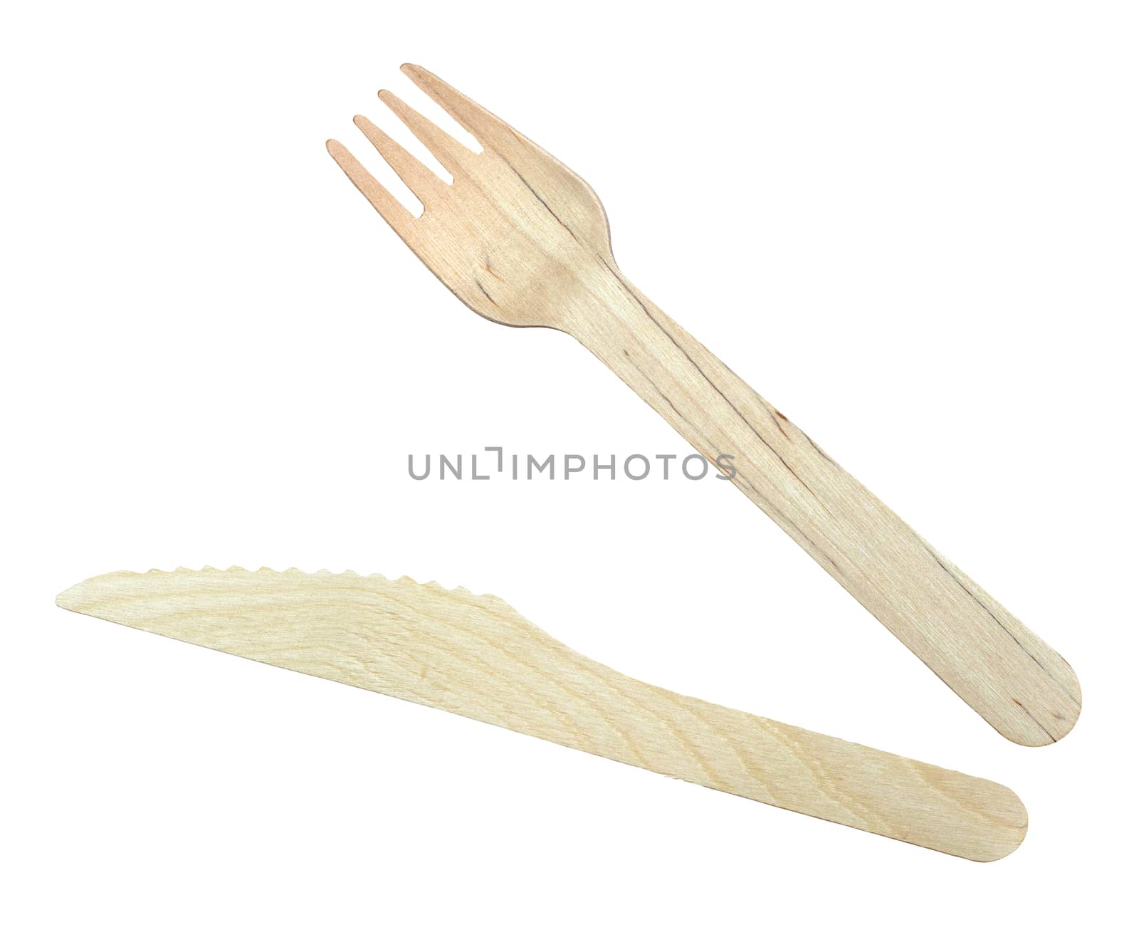 Isolated Wooden Knife And Fork For Take-out Food On A White Background