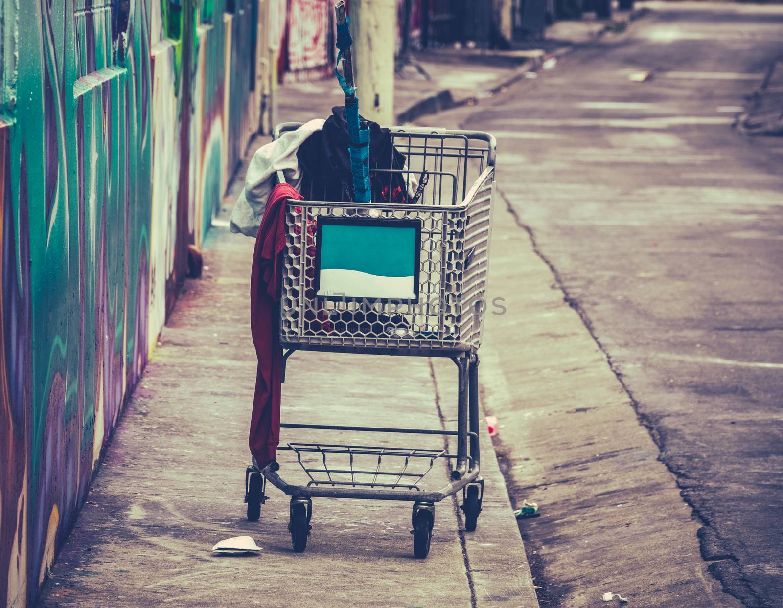 A Shooping Cart Used By A Homeless Person In San Francisco, USA