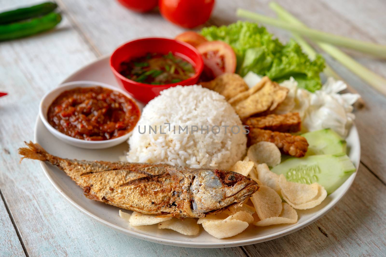 Fried mackerel fish rice with sambal, popular traditional Malay or Indonesian local food.