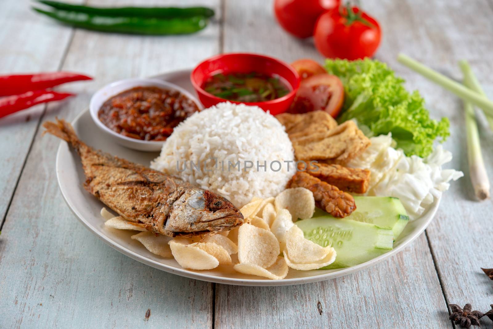 Fried mackerel fish rice with sambal, popular traditional Malay or Indonesian local food.