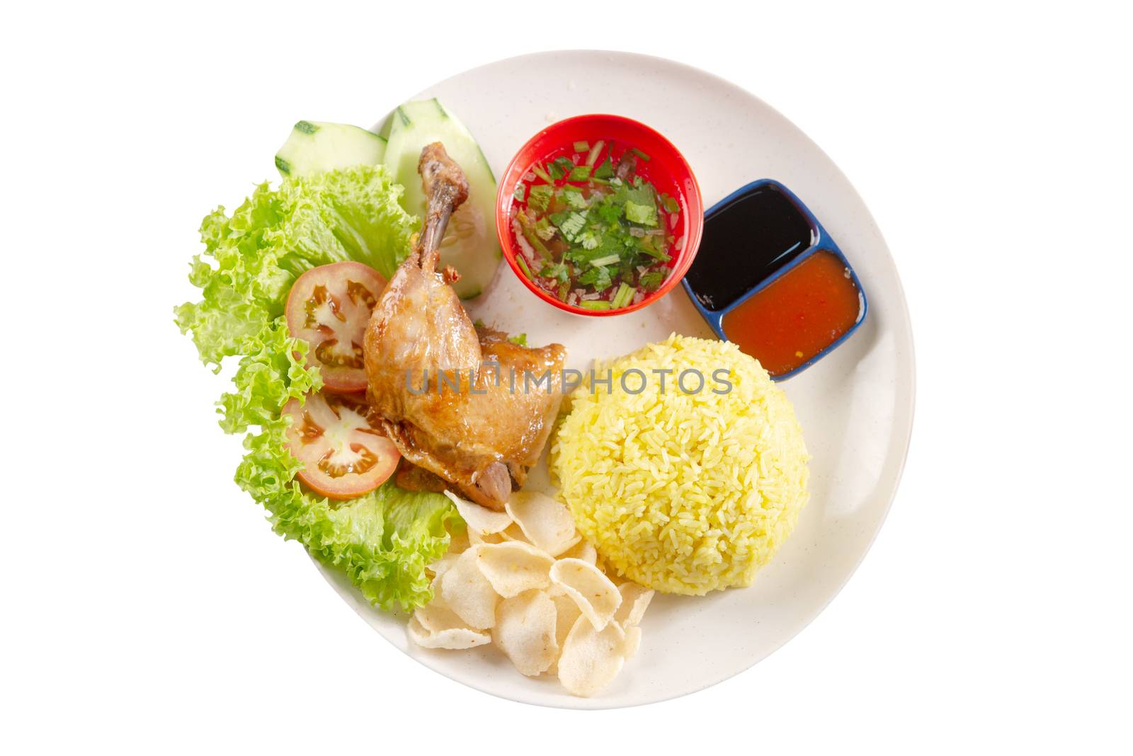 Chicken rice with drumstick, popular traditional Malaysian local food. Isolated on white background. Flat lay top down overhead view.