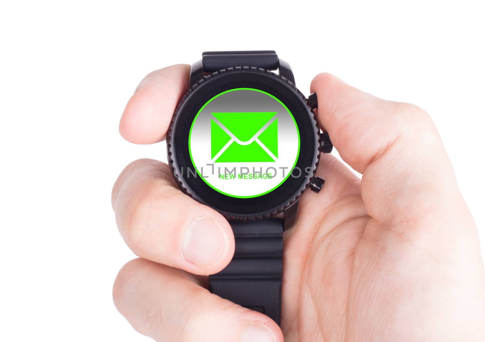 Black smartwatch isolated on a white background, new message