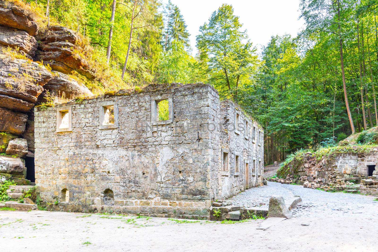 Ruins of Dolsky Mill, Dolsky mlyn, at River Kamenice in Bohemian Switzerland National Park, Czech Republic.