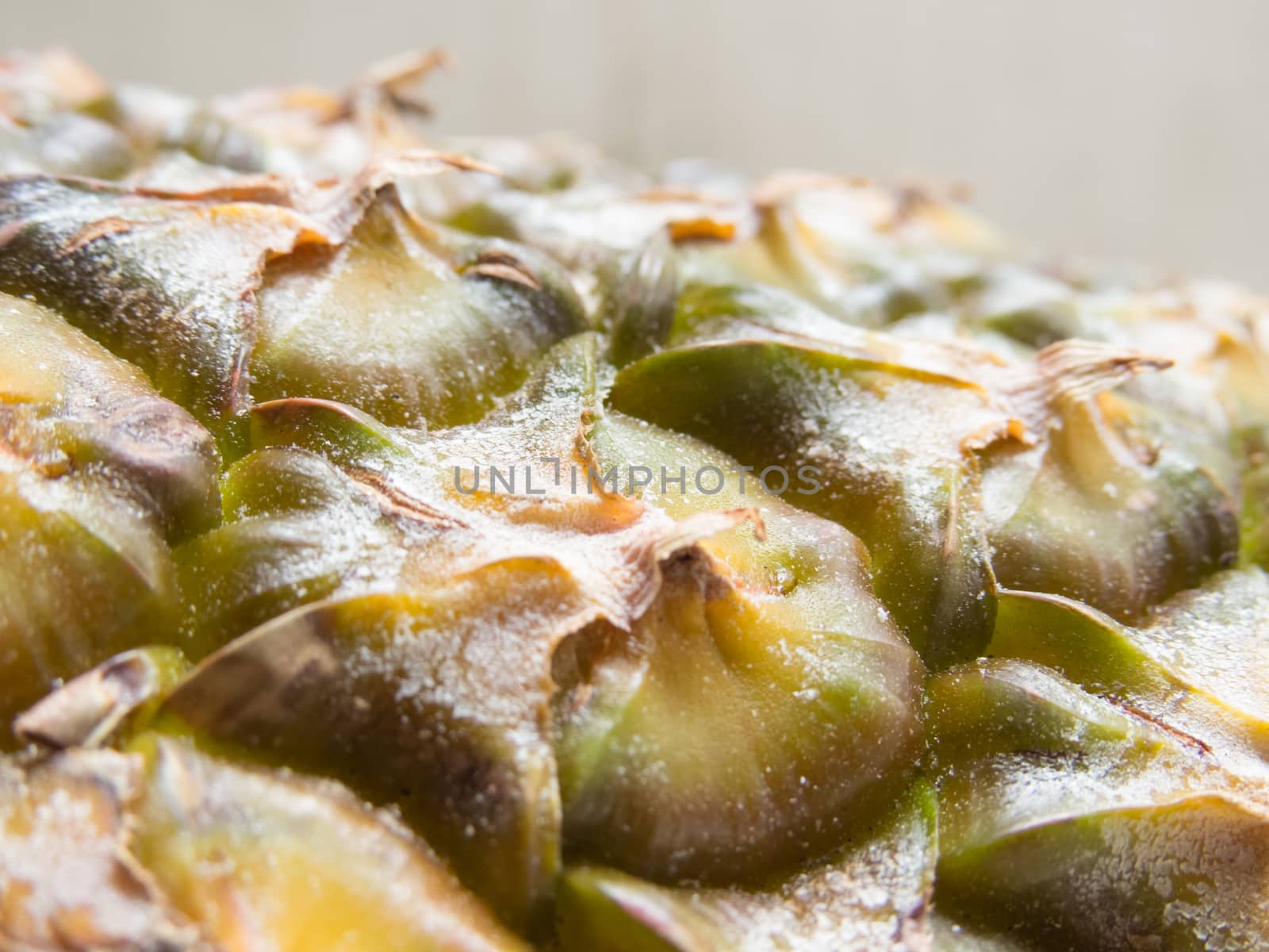 Food industry, pineapple bark with pesticide, close up view, on white background.