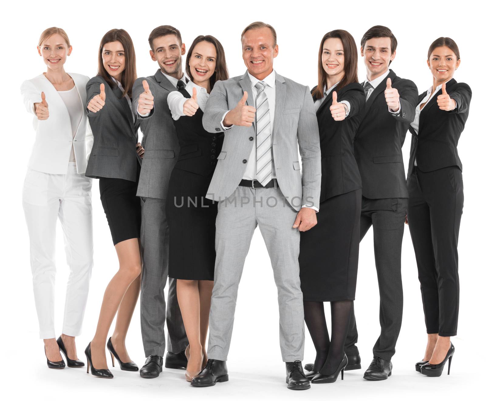 Happy business people cheering and showing thumbs up sign isolated on white background