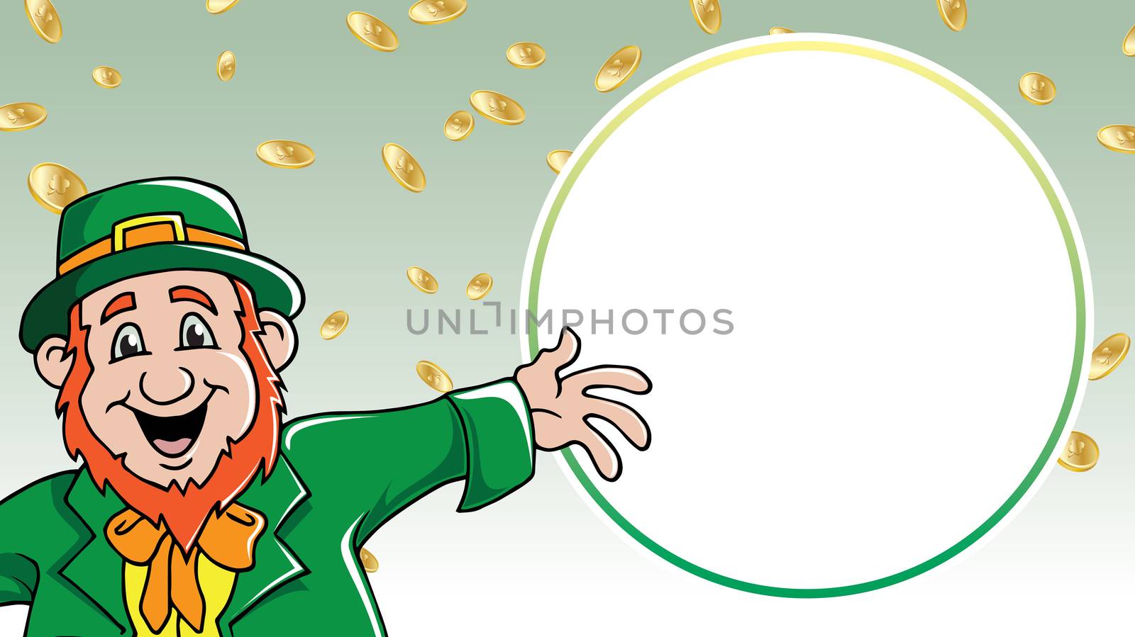 Saint Patrick's Day leprechaun shouting message among gold coins by illstudio