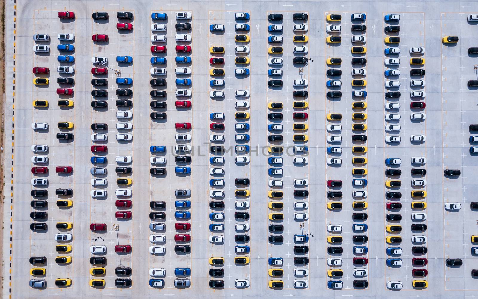 aerial view of new cars parking for import and export by antpkr