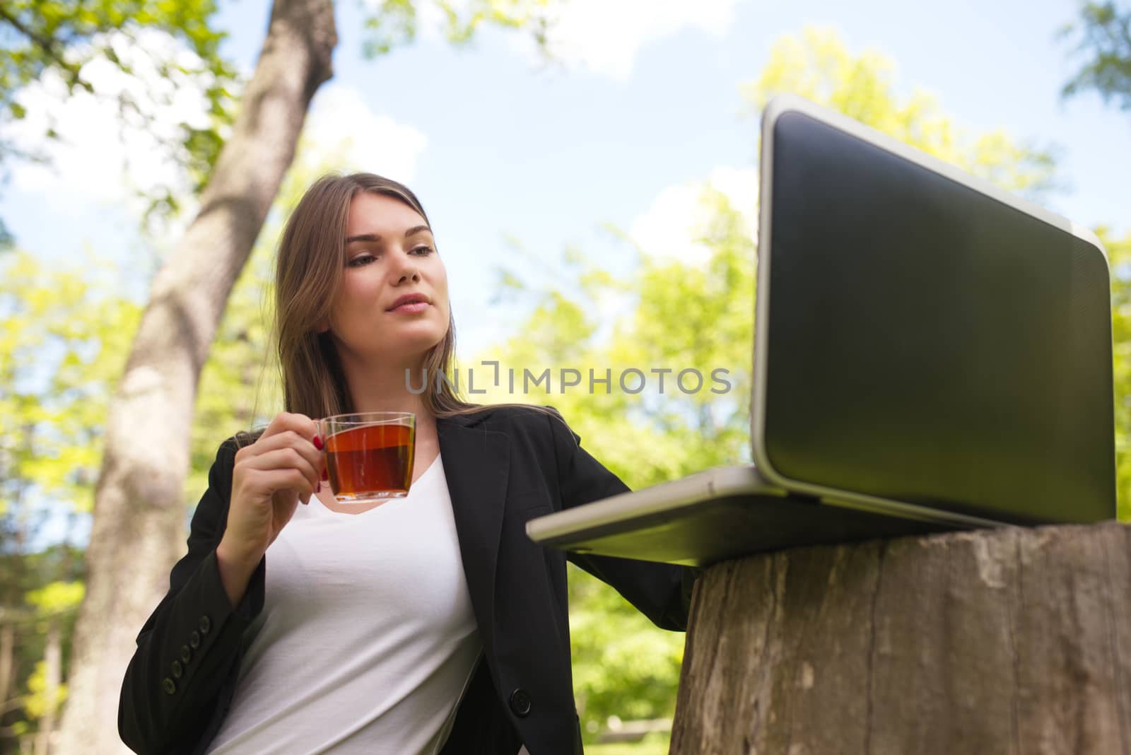 Business woman with laptop in park by ALotOfPeople