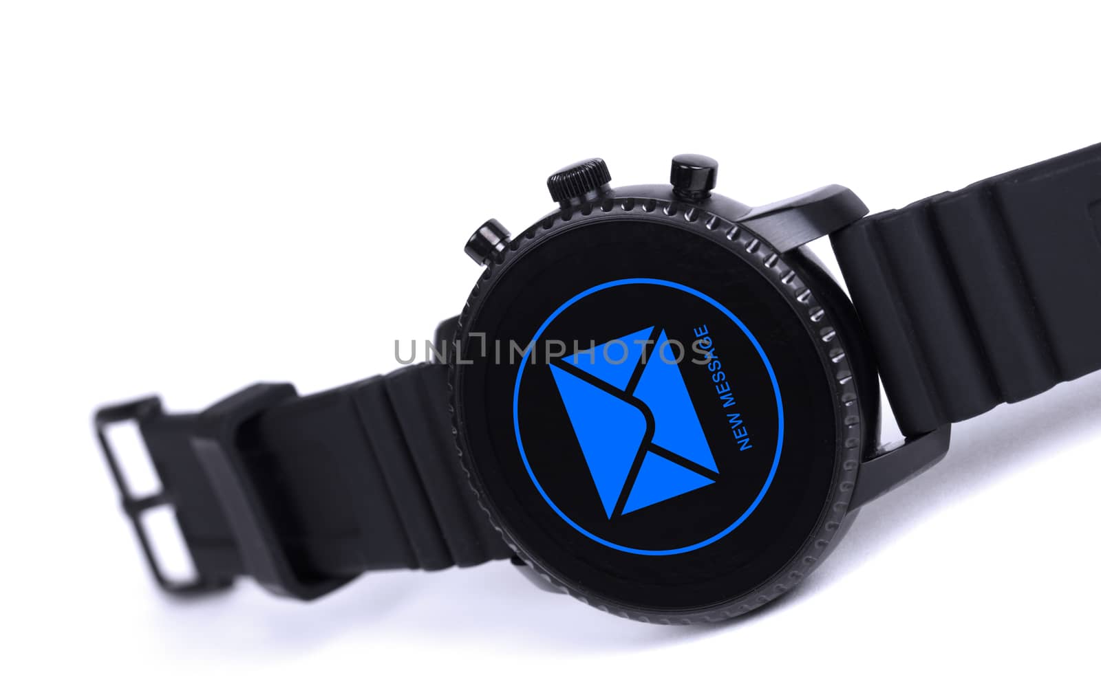 Black smartwatch isolated on a white background, new message