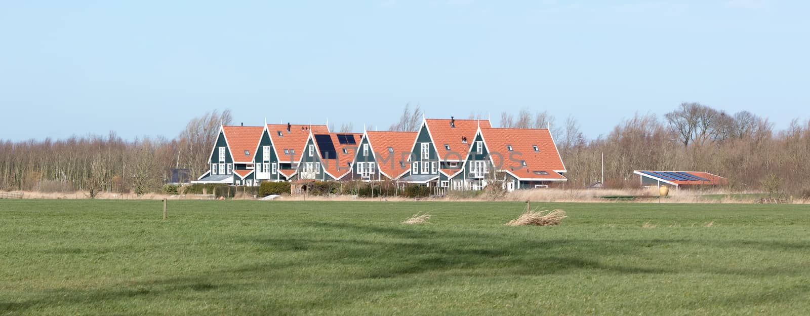 Six old houses in the Netherlands, typical dutch landscape