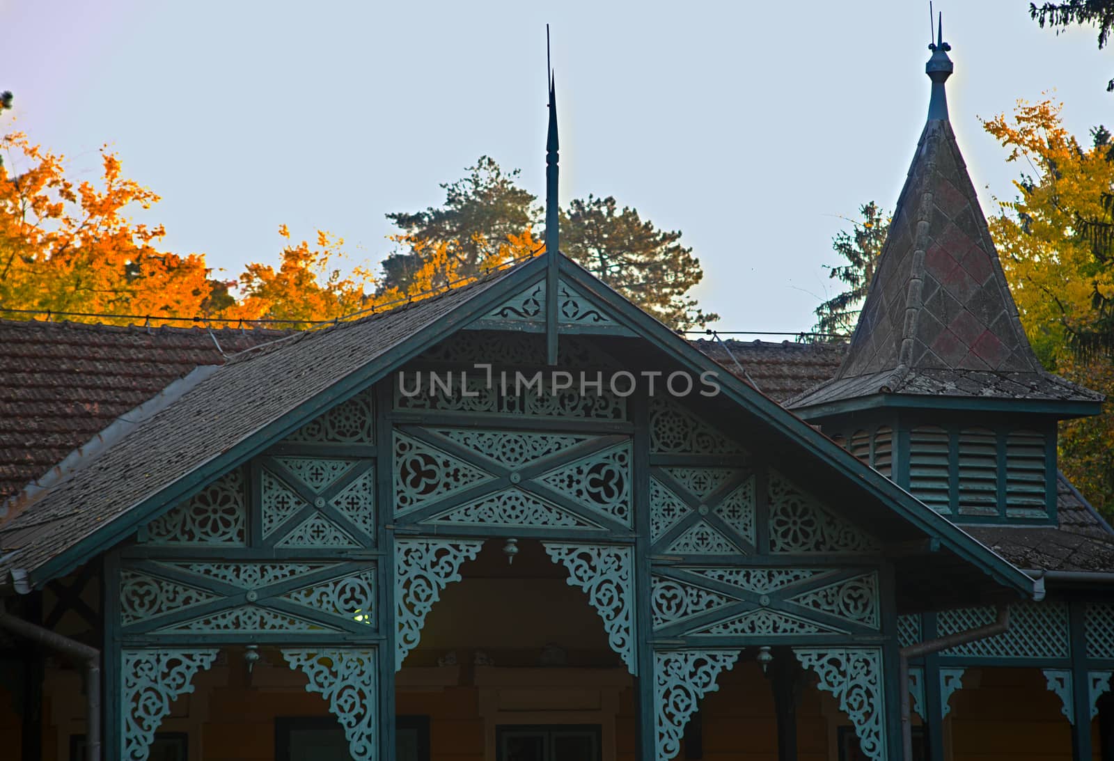 Wooden decorations at front porch on traditional hungarian house by sheriffkule