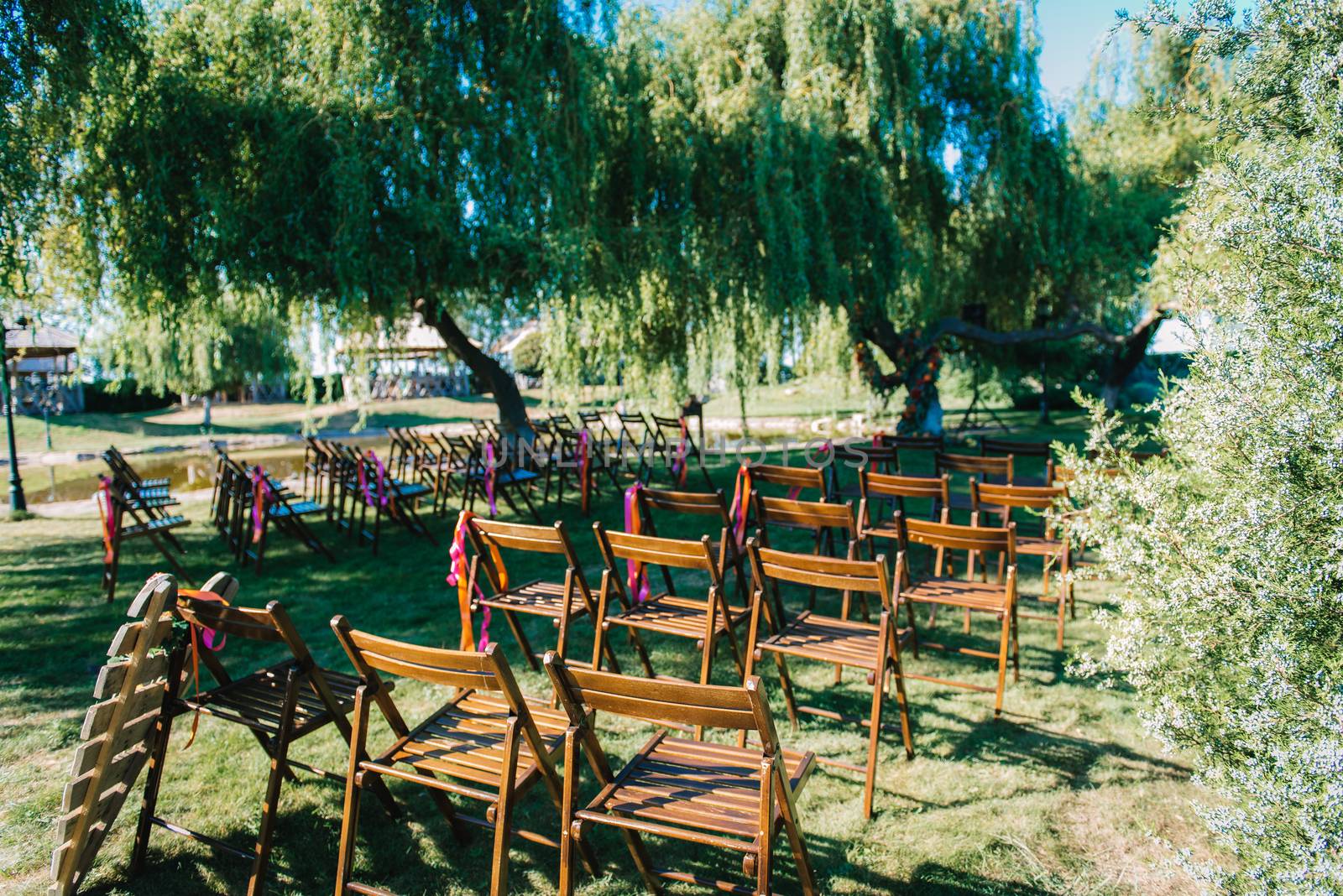 wedding ceremony area, arch chairs decor with trees