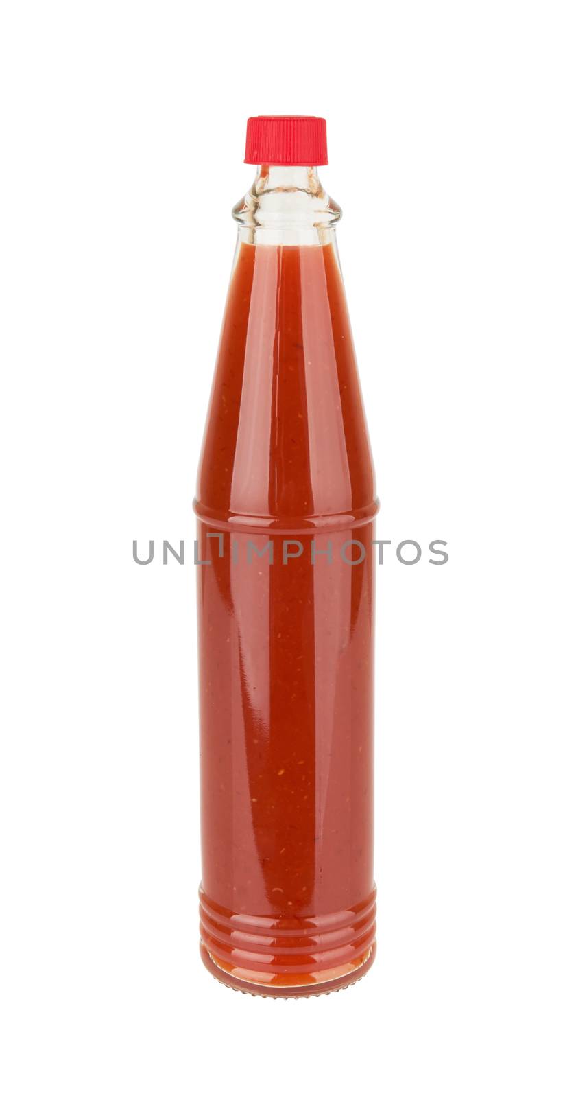 Bottle of spicy red hot sauce isolated on white background